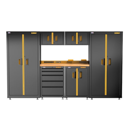 DEWALT 126 in. Wide, 7 Piece Welded Storage Suite with 2-Door and 5-Drawer Base Cabinets and Wood Top