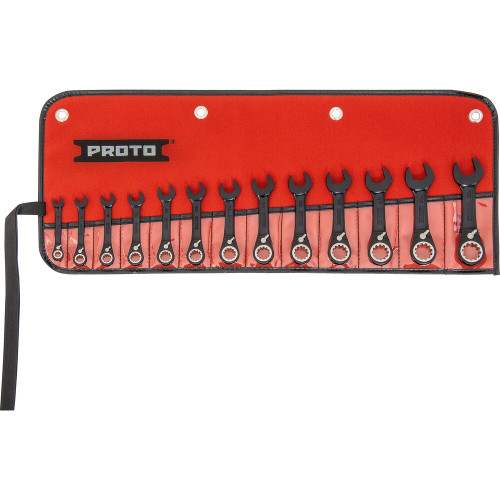 Proto 13 Piece Black Chrome Metric Combination Stubby Reversible Ratcheting Wrench Set - Spline