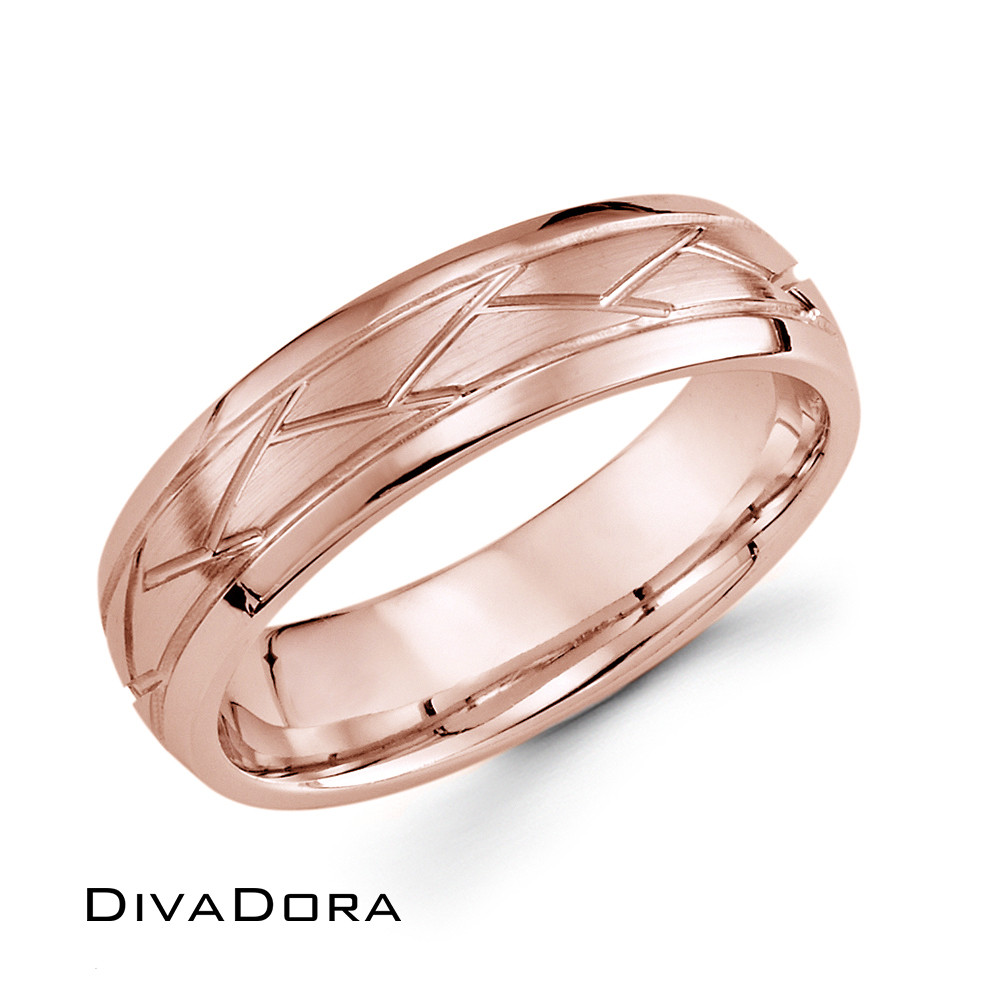 14K Solid Rose Gold Wedding Band with Criss-Cross Inlay Pattern