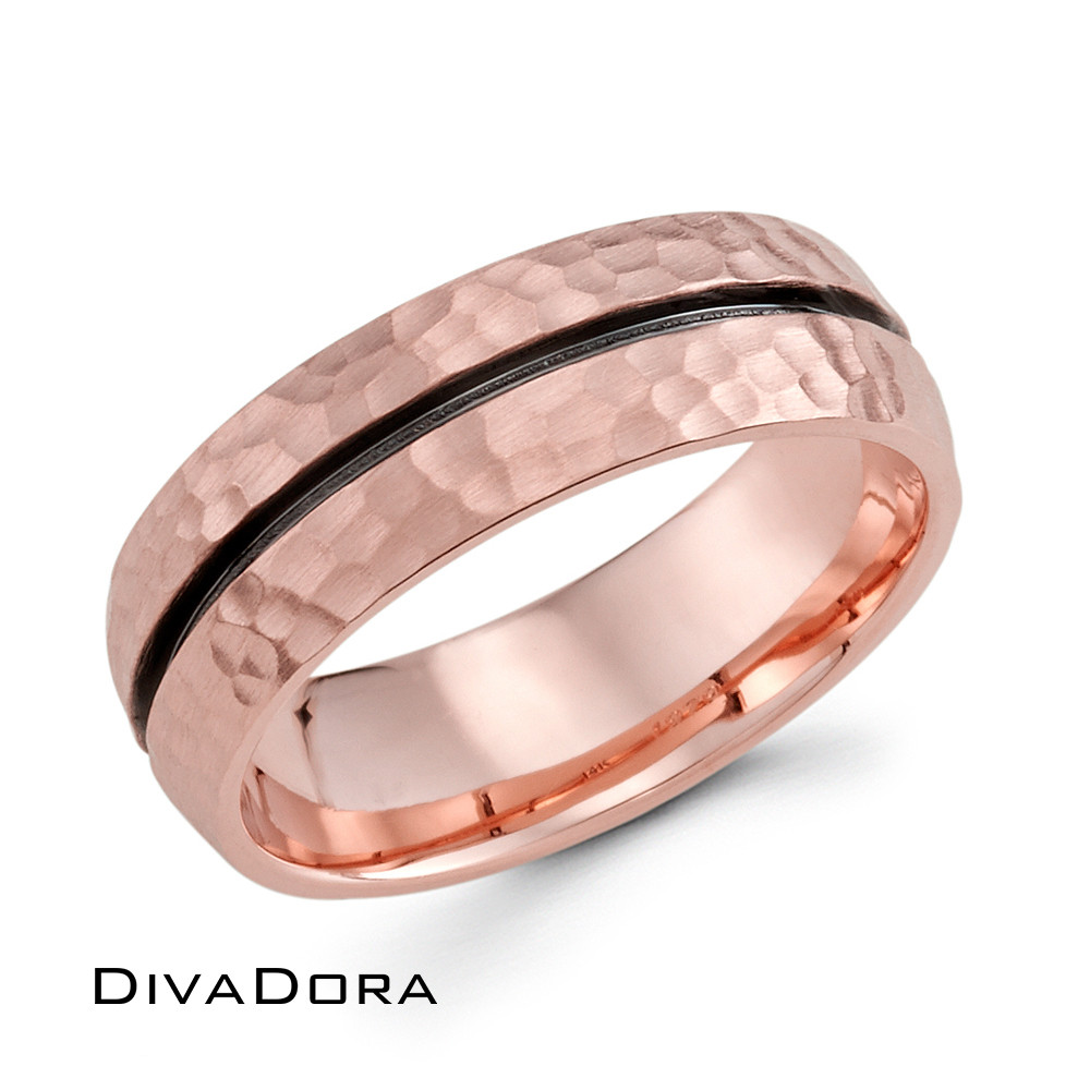 14K Solid Rose Gold Wedding Band Wedding Band with Black Enamel