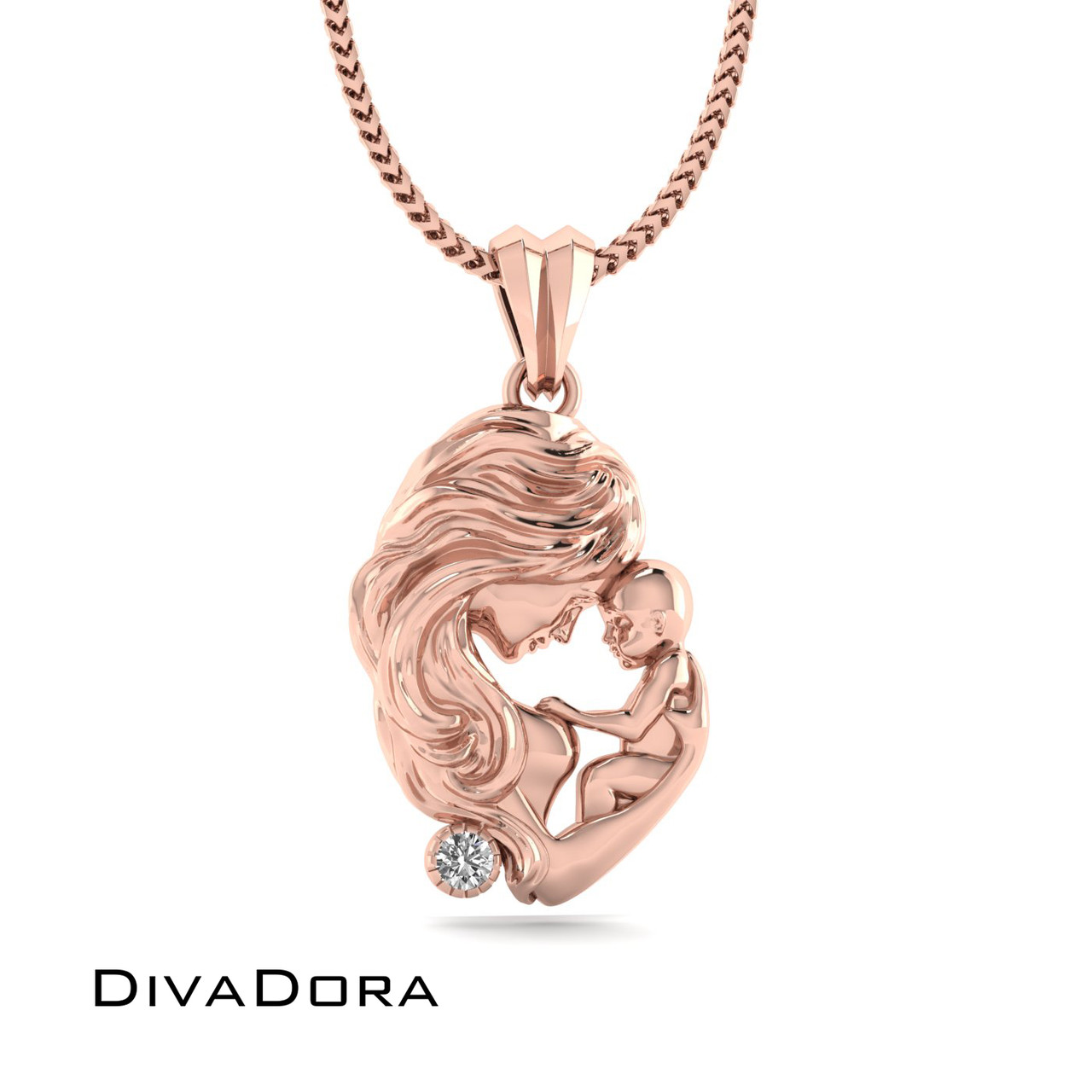 14K Solid Gold Mom and Child Pendant Necklace with Single Set