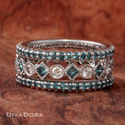 14K Solid Gold Stack Ring with Blue & White Diamonds, DR2054