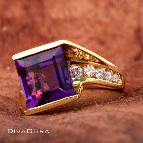 18K Solid Gold Square Amethyst Ring with Genuine Diamonds, DR2076
