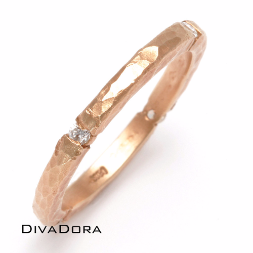 14K Solid Gold Genuine Diamond Hammered Stack Ring, HM1