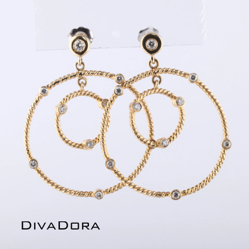 14K Solid Gold Diamond Concentric Circle Cable Rope Hoop Earrings, DE842Y