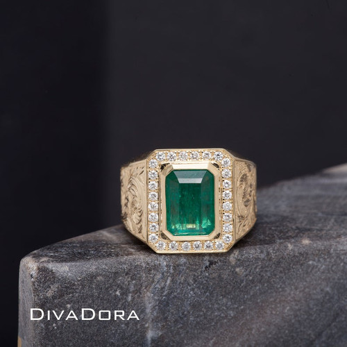 18K Solid Gold Natural Zambian Emerald Ring with Genuine Diamonds and Hand-Engraved Ornate Design, EMBDD03