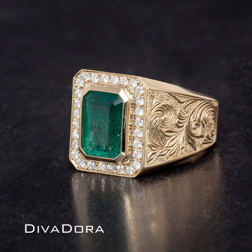 18K Solid Gold Natural Zambian Emerald Ring with Genuine Diamonds and Hand-Engraved Ornate Design, EMBDD03