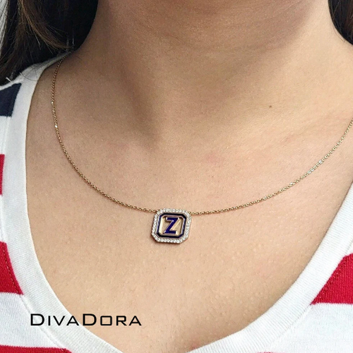 Enamel Initial w/ Diamond Outline - Gold