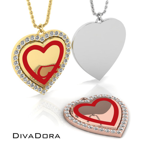 Enamel Heart Pendant w/ Diamonds - Gold