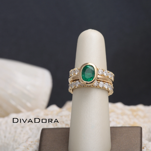 18K Solid Gold 3-in-1 Ring Set -Emerald Ring and Eternity Bands, EMDBDD04-3
