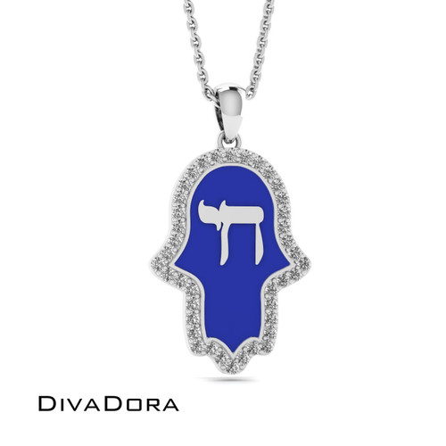 Diamond Hamsa Necklace w/ Enamel - Gold