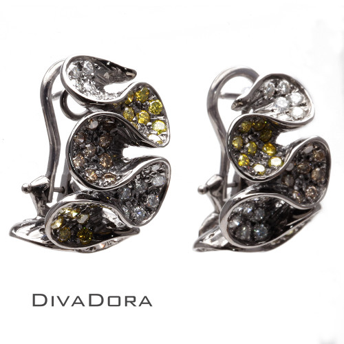 18K Solid Gold Multi-Color Yellow, Brown and White Diamonds Earring, DE585