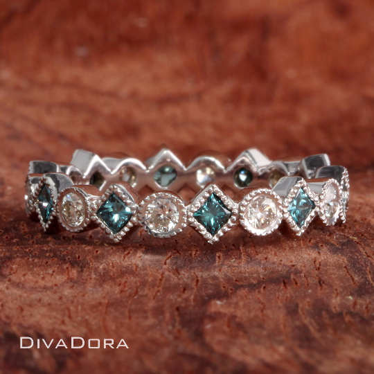 14K Solid Gold Stack Ring with Blue & White Diamonds, DR2054