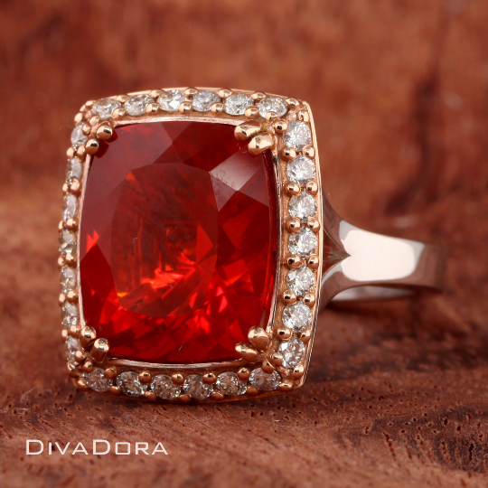 14K Solid White & Rose Gold Mexican Fire Opal Engagement Ring, DR2072