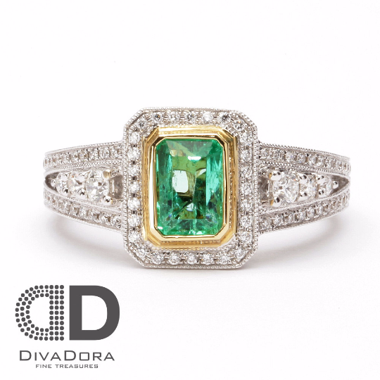 Colombian green emerald center stone-the brilliant May birthstone.