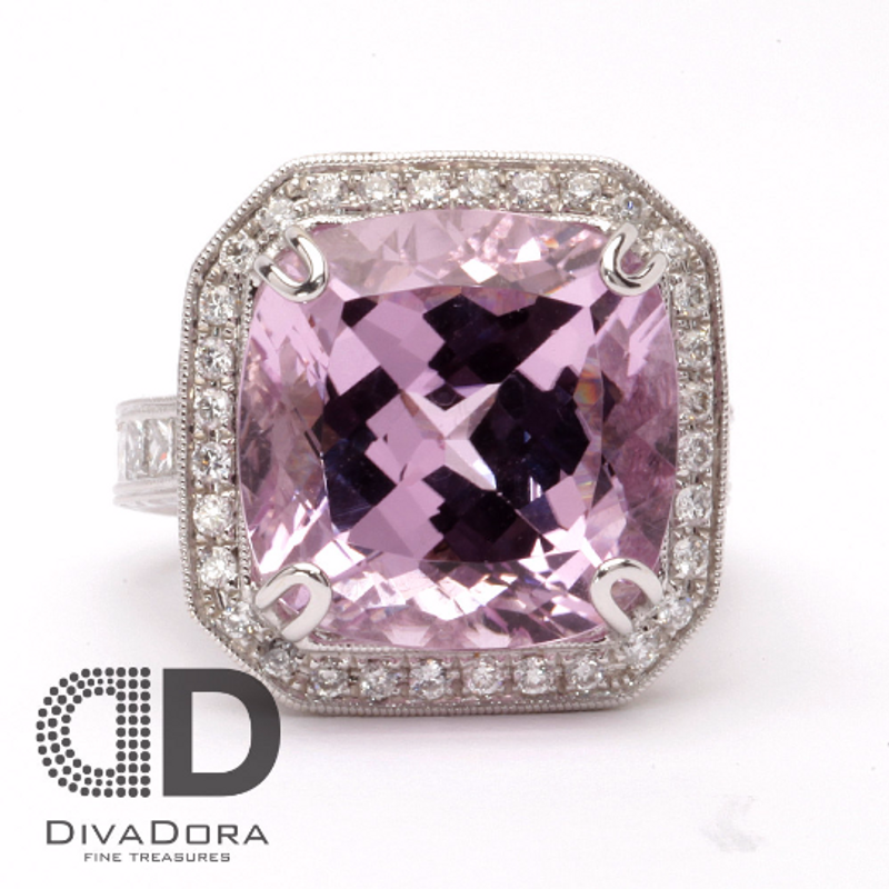 18K Solid Gold Kunzite Hand Engraved Ring with Round and Princess Cut Diamonds, DR1841