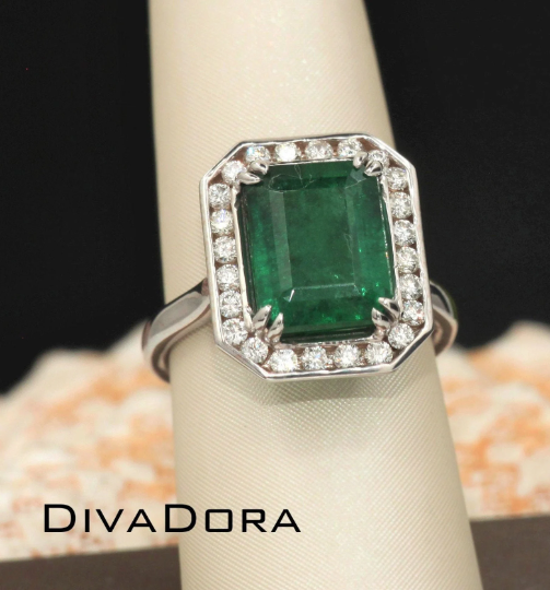 18K Solid Gold 5.24cts GIA Certified Zambian Octagon Emerald Ring  with Genuine Diamonds, EMDBDD07
