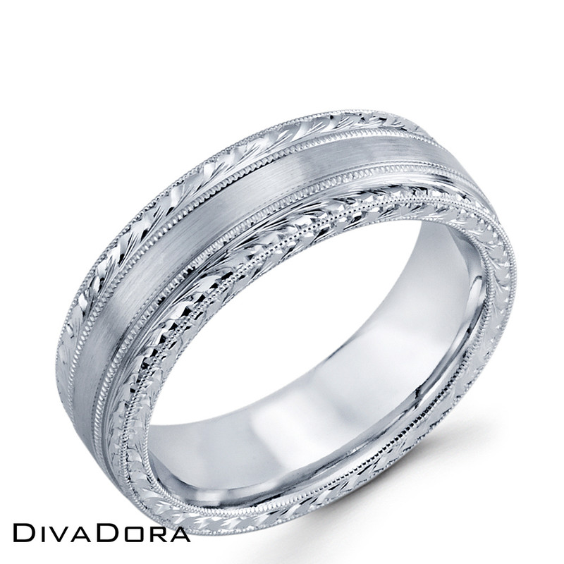 Brushed Hand Engraved Band - White Gold