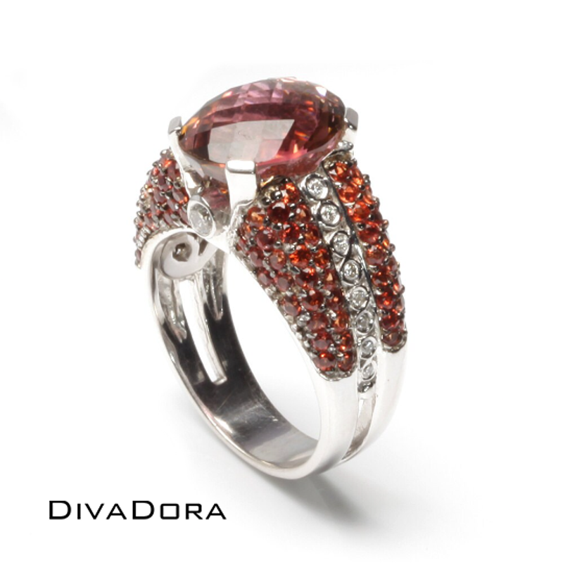 14K Solid Gold 5.72ct Pink Tourmaline Ring with Diamonds & Orange Sapphire, DR1622 14K Solid Gold 5.72ct Pink Tourmaline Ring with Diamonds & Orange Sapphire, DR1622