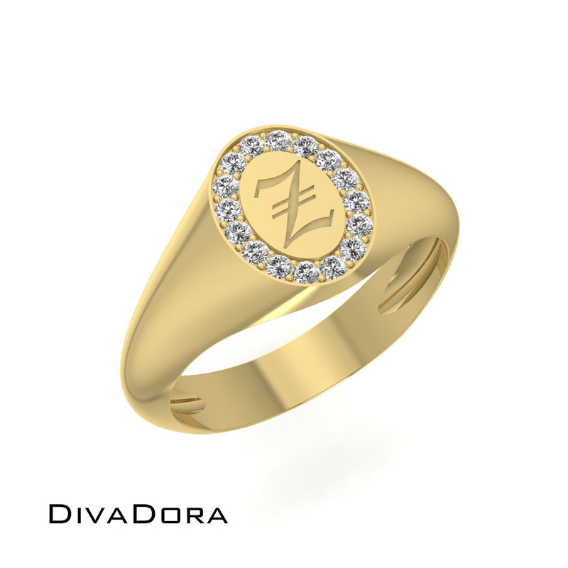 14K Solid Gold Oval Signet Ring with Genuine Diamonds, DDDSR104 14K Solid Gold Oval Signet Ring with Genuine Diamonds, DDDSR104