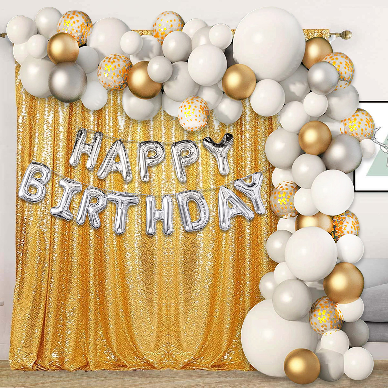 Metallic Balloon Arch with Happy Birthday Foil Balloon Set - White, Gold,  Silver - 122pcs