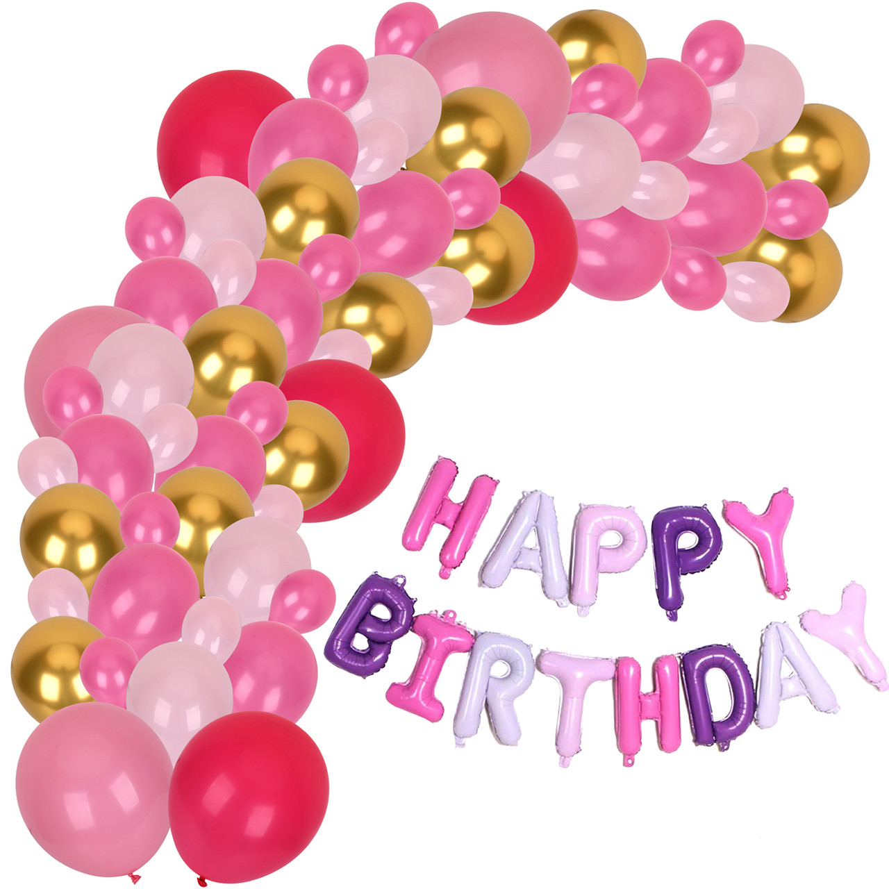 Pink Balloon Arch with Happy Birthday Foil Balloon Set - 98pcs