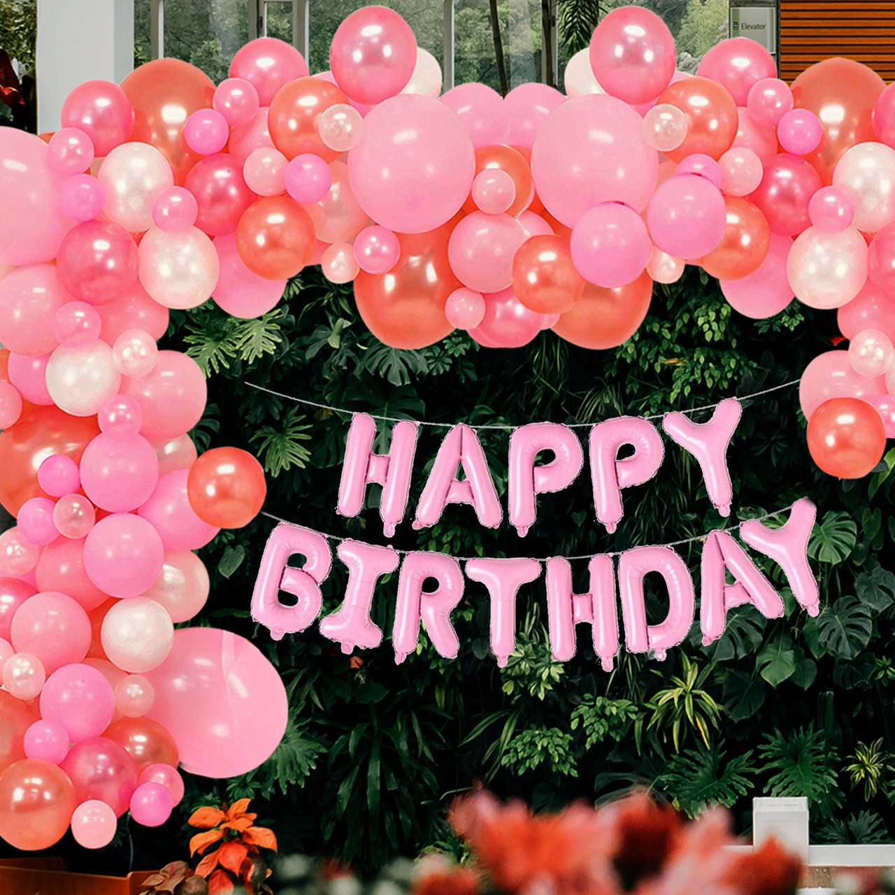 Light Pink Balloon Arch with Happy Birthday Foil Balloon Set - 164pcs