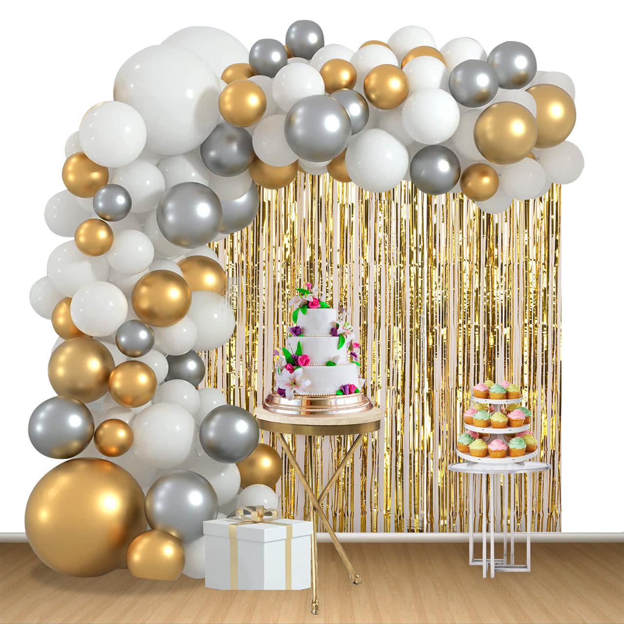 Balloon Arch Foil Curtain Balloon Ribbon Set Gold White