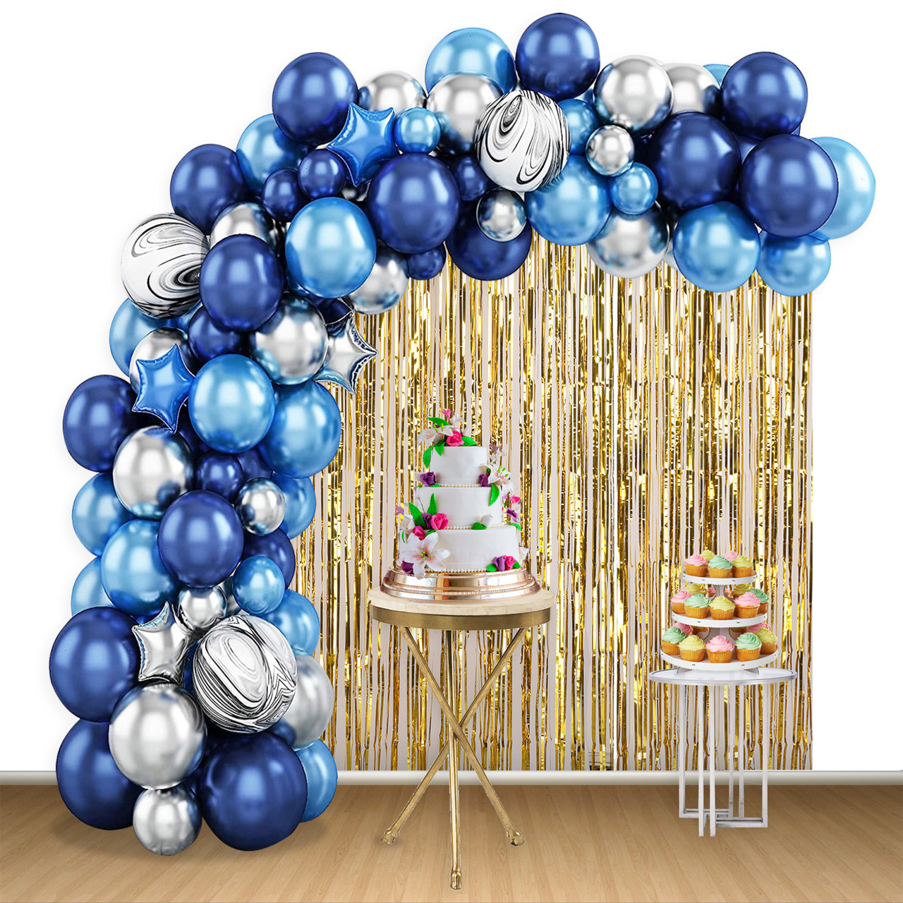 Balloon Arch, Foil Curtain & Balloon Ribbon Set - Blue - 79pcs