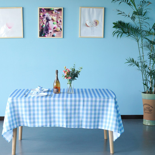 60" x 84" Rectangle Premium Waterproof Polyester Tablecloth - Light Blue & White Gingham