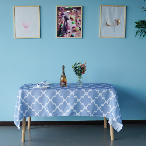 60" x 84" Rectangle Premium Waterproof Polyester Tablecloth - Blue with White Geometic Cross & Star Shapes