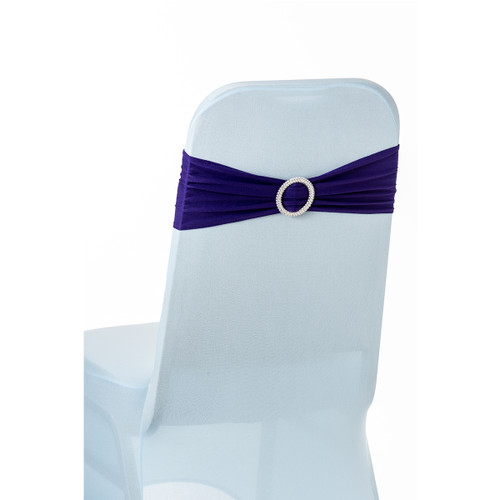 Spandex Chair Band with Round Diamante Buckle - Dark Purple