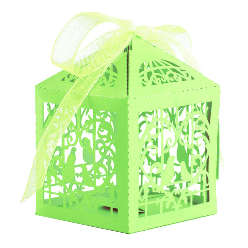 50x Laser Cut Love Heart & Doves Favours Box with Organza Ribbon - Green