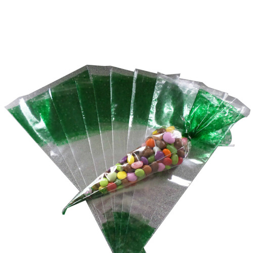 50x Clear Cellophane Cone Sweet Bags - Green