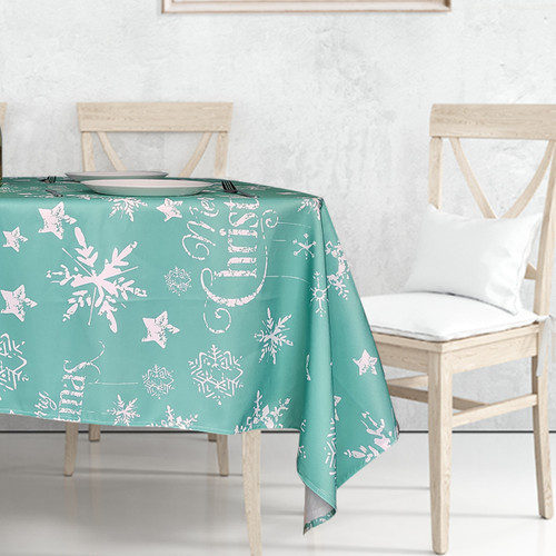 60" x 84" Rectangle Christmas Snowflakes & Stars Print Polyester Wipe Clean Tablecloth - Turquoise