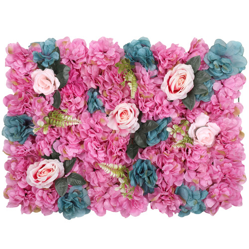 Hydrangea Artificial Flower Wall Panel 60cm x 40cm - Hot Pink & Turquoise with Green Leaves