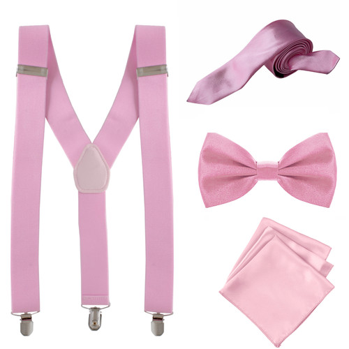 Rose Pink Handkerchief, Bow Tie, Neck Tie & Brace Set