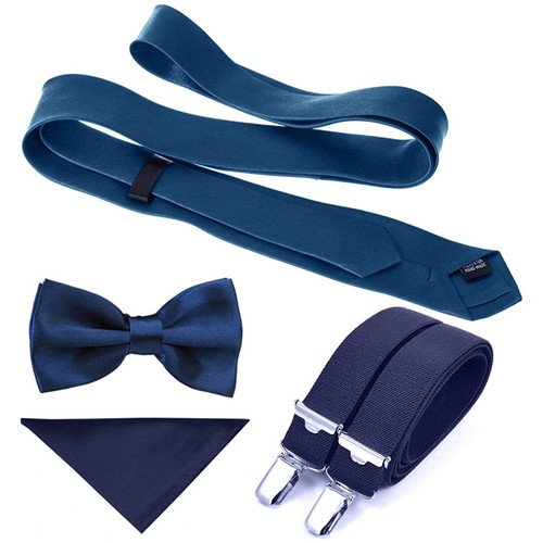 Navy Handkerchief, Bow Tie, Neck Tie & Brace Set