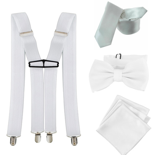 White Handkerchief, Bow Tie, Neck Tie & Brace Set
