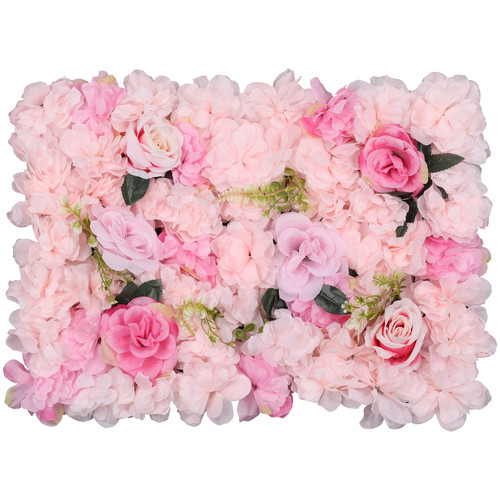 Hydrangea Artificial Flower Wall Panel 60cm x 40cm - Rose Pink & Light Pink with Green Leaves