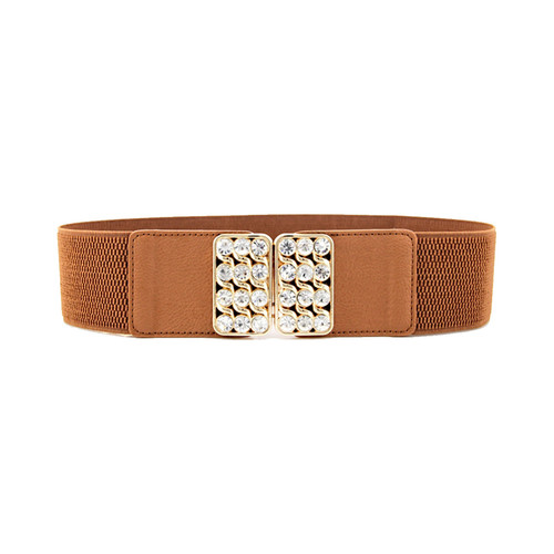 Elasticated Belt with Diamante Studded Buckle - Brown