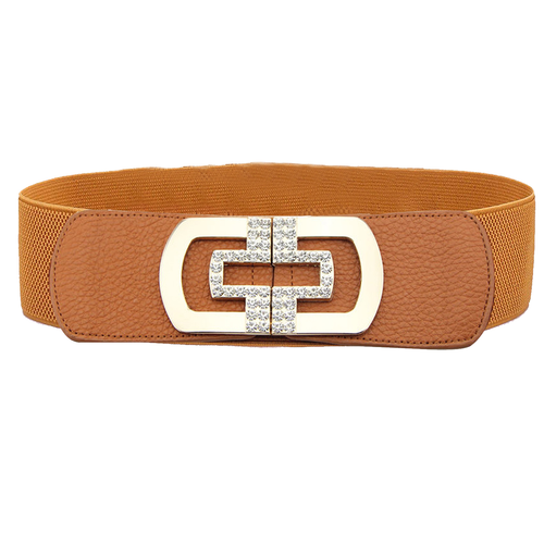 Elasticated Belt with Cross Diamante Buckle - Brown