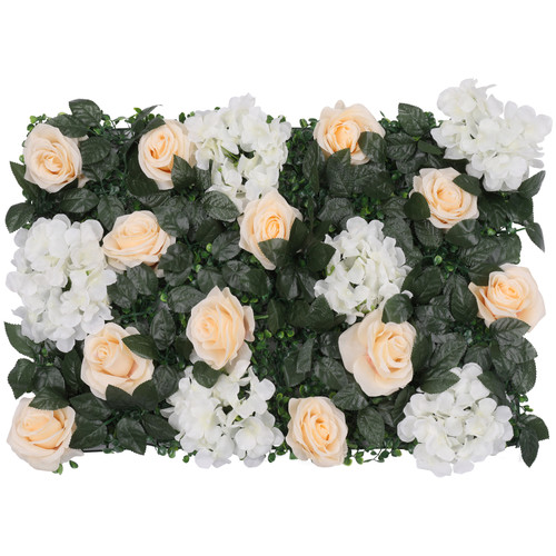 Hydrangea Artificial Flower Wall Panel 60cm x 40cm - Champagne Roses, White Jasmine with Green Leaves