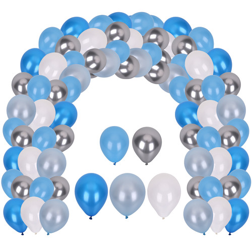 117pc Balloon Arch Kit - Assorted Size Light Blue, Dark Blue, Baby Blue, White & Metallic Silver Balloon Set
