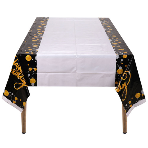 Happy Birthday Printed Plastic Tablecloth - 132cm x 220cm - Black & White