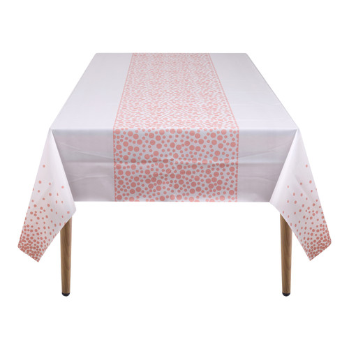 Rectangular Plastic Disposable Tablecloth - White - Rose Gold Polka Dot Print