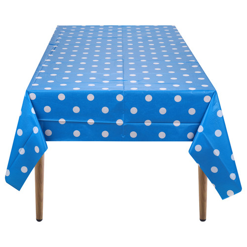 Rectangular Plastic Disposable Tablecloth - Blue - White Polka Dot Print