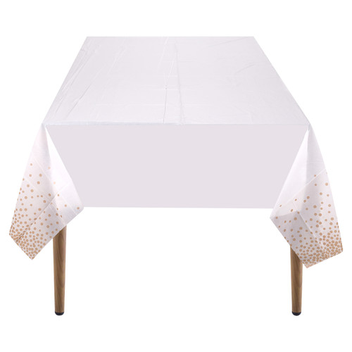 Rectangular Plastic Disposable Tablecloth - White - Rose Gold Dot Confetti Print