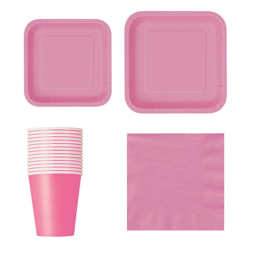 Square Plate Tableware Party Set (Pack of 64) - Hot Pink