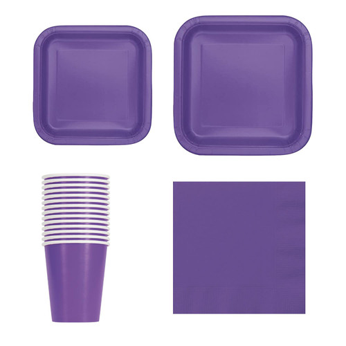 Square Plate Tableware Party Set (Pack of 64) - Neon Purple